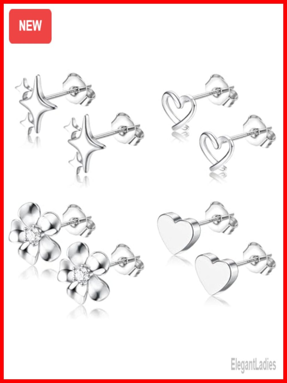 Sterling Silver Stud Earrings Set Hypoallergenic 4 Pairs